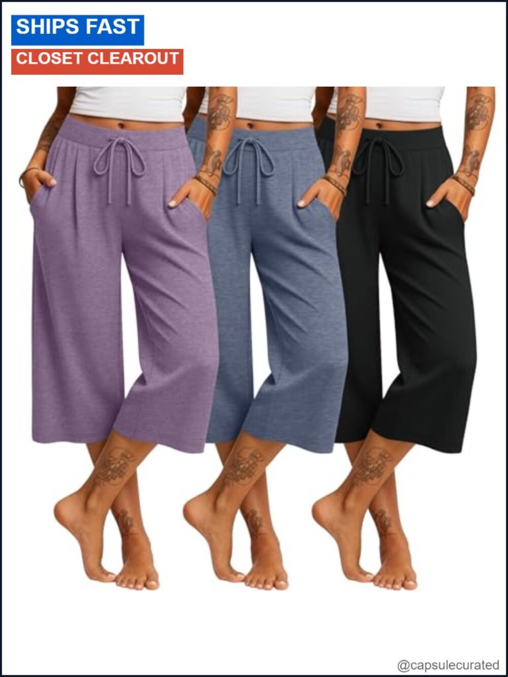 Wide Leg Capri Yoga Pants with Pockets - 3 Pack